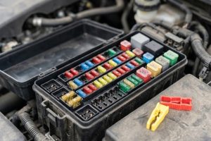 Блок предохранителей в моторном отсеке автомобиля с набором плавких вставок