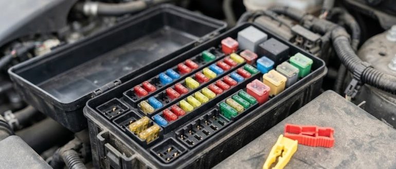 Блок предохранителей в моторном отсеке автомобиля с набором плавких вставок
